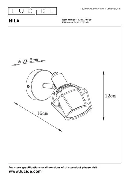 Lucide NILA - Ceiling spotlight - 1xE14 - Black - technical